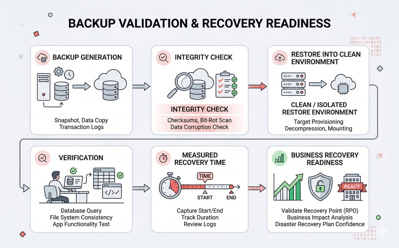 Diagrama del proceso de validación de respaldos, incluyendo generación de backup, chequeo de integridad, restauración en entorno limpio, verificación, tiempo medido de recuperación y preparación real para recuperación del negocio.