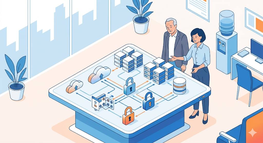 Decidores de negocio evaluando planes tecnológicos en una oficina moderna, representando el entendimiento mínimo de plataformas para la toma de decisiones estratégicas.