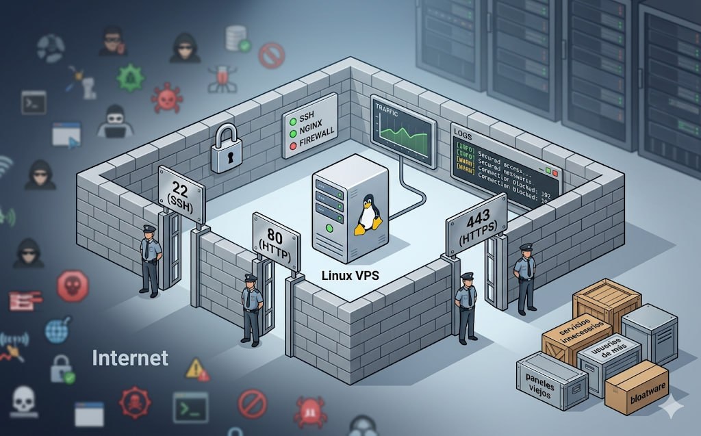 Ilustración de hardening para un VPS Linux expuesto a Internet, mostrando control de puertos, firewall, acceso SSH, monitoreo, logs y reducción de servicios innecesarios.
