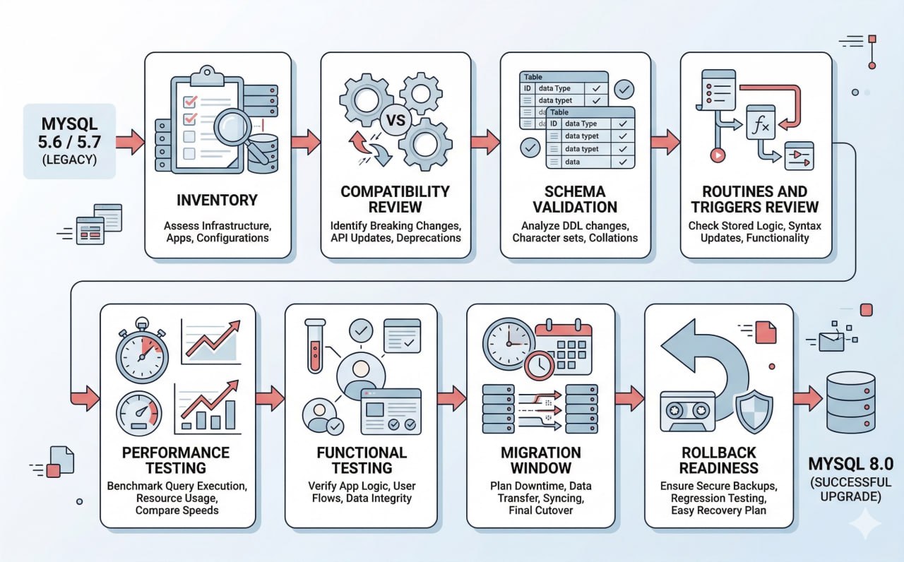 Diagrama del proceso de migración de MySQL 5.6 o 5.7 a MySQL 8.0, incluyendo inventario, revisión de compatibilidad, validación de esquema, pruebas, ventana de cambio y preparación de rollback.