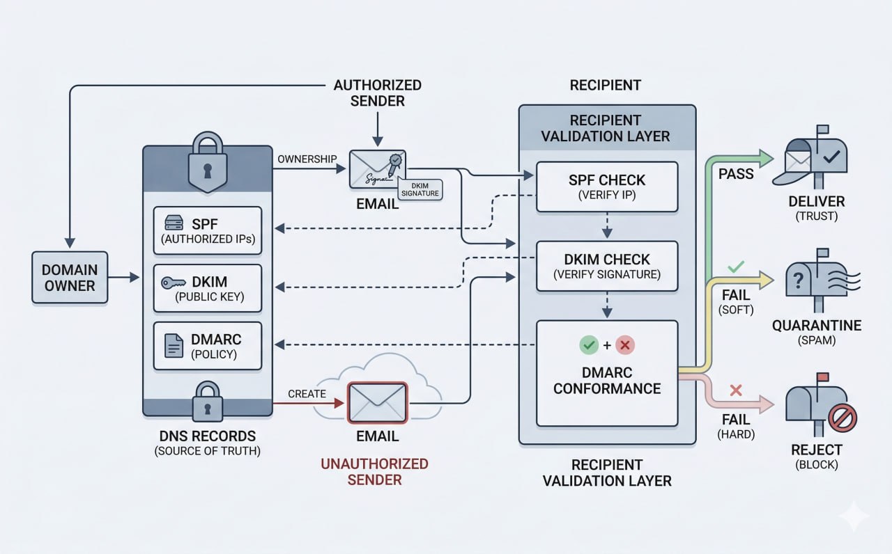 Diagrama del flujo de autenticación de correo con SPF, DKIM y DMARC, mostrando remitentes autorizados y no autorizados, validación en servidor receptor y decisiones de entrega, cuarentena o rechazo.